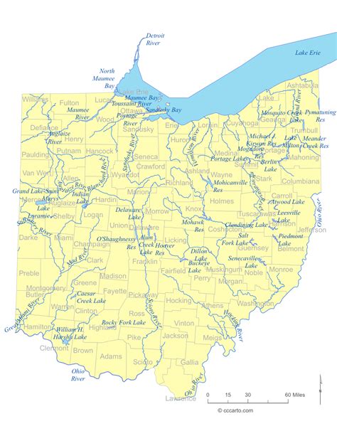 State Of Ohio Water Feature Map And List Of County Lakes