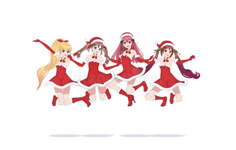 Joyful Anime Manga Girls As Santa Claus In A Jump Stock Vector Illustration Of Holiday Adult