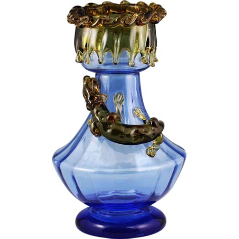 13h Bohemian Moser Blue Art Glass Vase With Amber Lizard Blue Art Glass Vase Blue Art Art