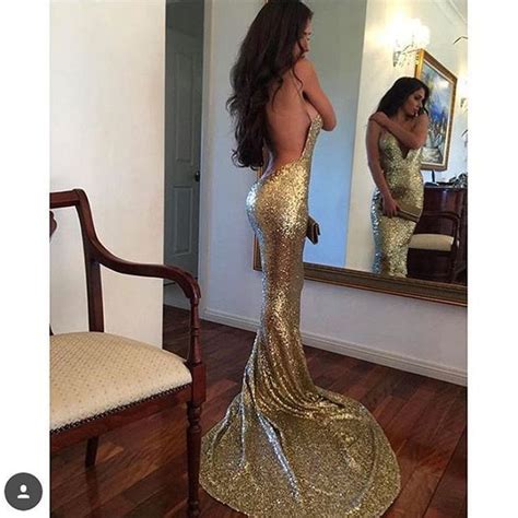 Sexy Gold Sequin Deep V Neck Spaghetti Strap Prom Dress With Open Back Sparkly Prom Dresses