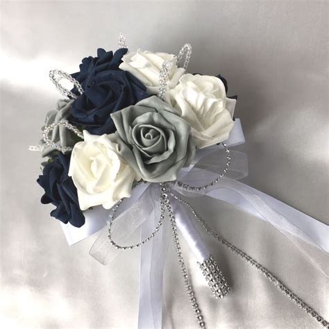 Wedding card, invitation card with red rose flower on navy blue background. POSY BOUQUET NAVY GREY WHITE ROSES CRYSTAL LOOPS ...
