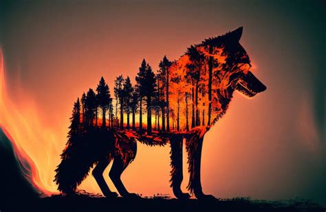 Double Exposure The Wolf And The Forest Fire Ecological Disaster