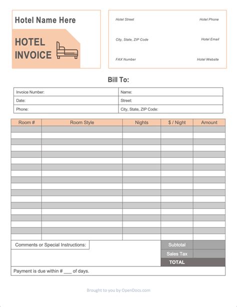 Free Hotel Invoice Template Pdf Word Excel