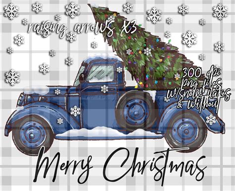 Merry Christmas Royal Blue Truck With Christmas Tree And Snow Printable