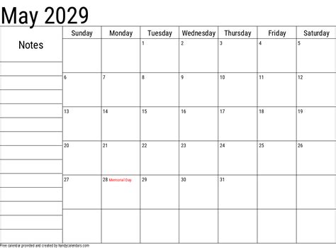 May 2029 Calendar With Notes And Holidays Handy Calendars