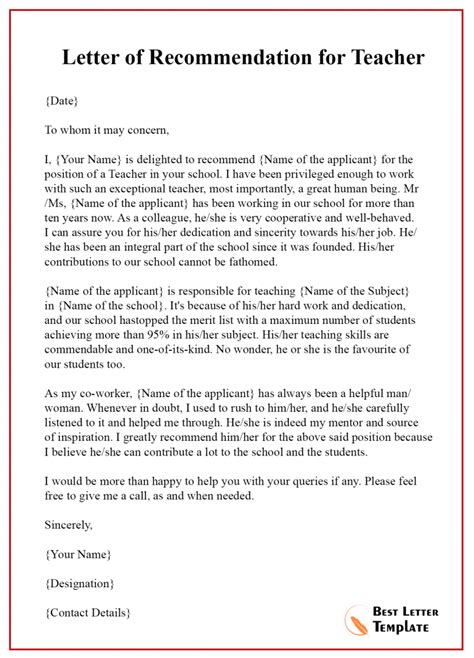 Letter Of Recomendation Teacher For Your Needs Letter Template