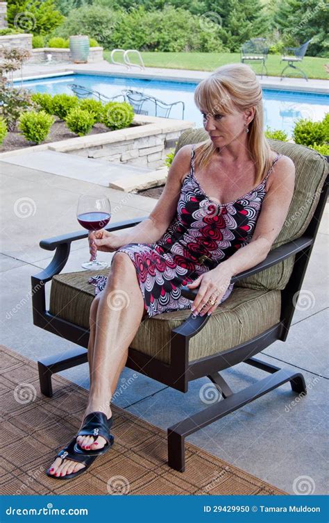 Woman On Patio With Wine Glass Stock Photo Image Of Leisure Swimming