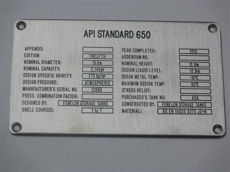 The nameplate of the api 650 aboveground atmospheric storage tank as per standard (para.10.1) specifies that the letters and numbers on the nameplate must be at least 4 mm tall and the nameplate must be welded or welded to the tank shell at the. Engraved Signs | Lewis Howes
