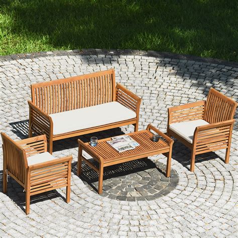 Gymax 4pcs Wooden Patio Conversation Set Outdoor Furniture Set W