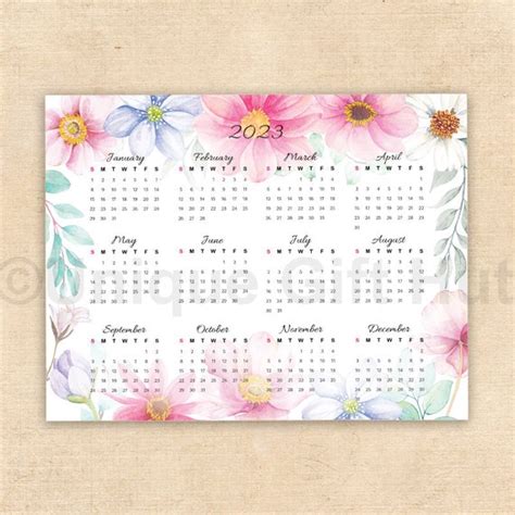 Printable 2023 Wall Calendarwatercolor Flower Yearly Calendarelegant