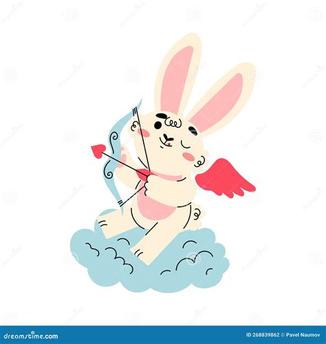 Cute Cupid Bunny with Wings Sitting on Cloud Shooting with Bow and