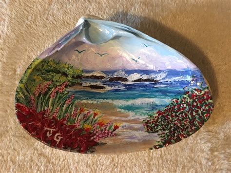 New England Ocean Scene Hand Painted On A Clam Shell Etsy Seashell