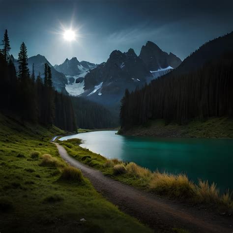 Un Lago De Monta A Con Un Camino Que Conduce A Las Monta As Y La Luna