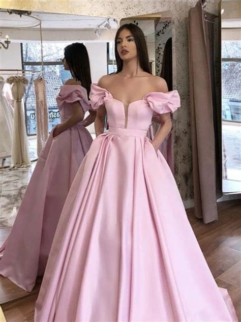 Pink Off Shoulder Long Prom Dresses Off The Shoulder Pink Ball Gown