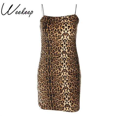 Weekeep Sexy Leopard Spaghetti Strap Dress Women Backless Bodycon Mini