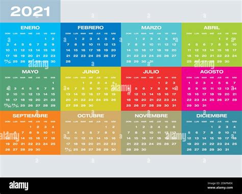 Calendario Colorido Para El Año 2021 En Español Formato Vectorial Imagen Vector De Stock Alamy
