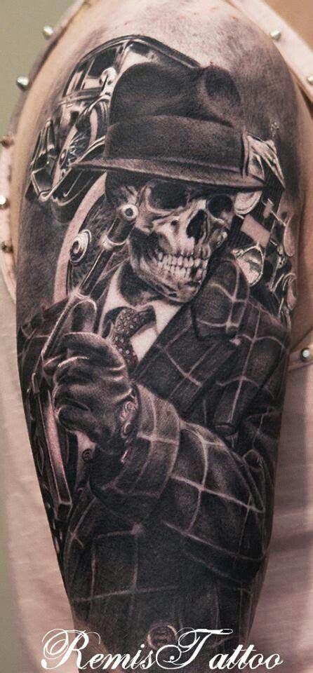 D Realistic Very Detailed Massive Skeleton Mafioso Tattoo On Shoulder