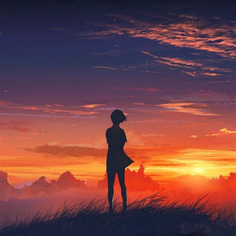 Lonely Girl At Sunset Ipad Wallpaper Anime Scenery