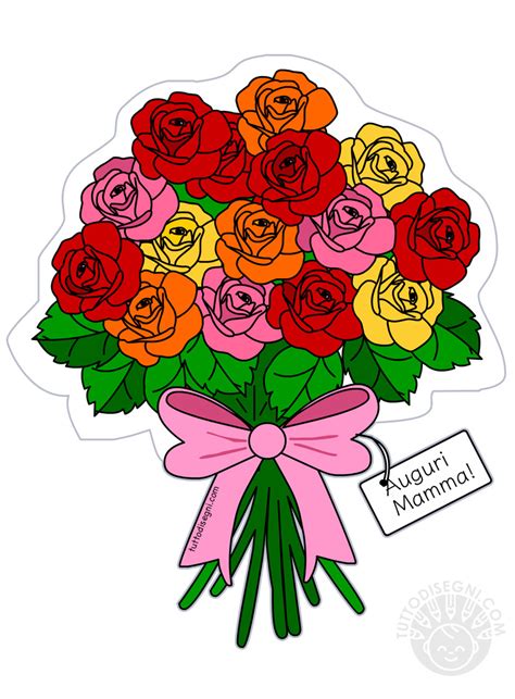 Io scelgo, uno ad uno, una serie di oggetti naturali. Biglietto Festa della mamma con mazzo di rose - TuttoDisegni.com