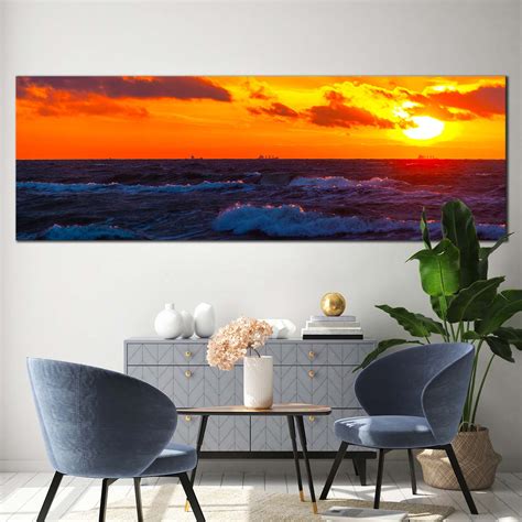 Sea Waves Canvas Print Cloudy Orange Sunset Ocean Sky 1 Piece Canvas