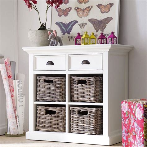 Rustic White Small Sideboard With Rattan Baskets