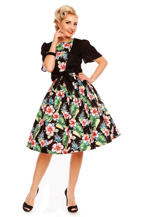 Retro Orchid Floral Swing Dress In Black