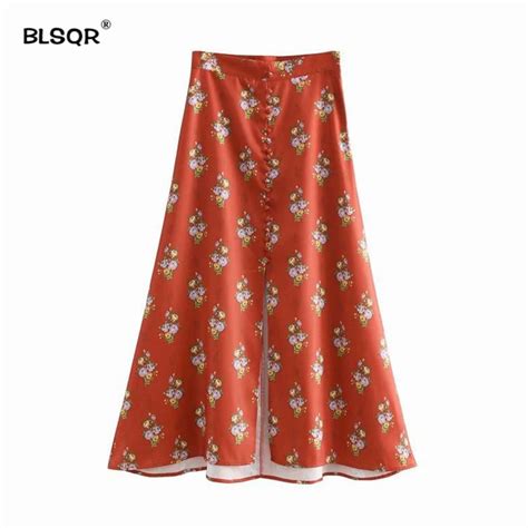 Vintage Floral Print Skirt Button Decorate Women Fashion High Waist