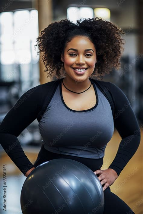 Generative Ai Illustration Of Beautiful Fat Black Woman Doing Exercises With A Ball In The Gym