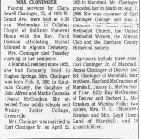 Clara Jewel McCracken Cloninger (1901-1976) - Mémorial Find a Grave