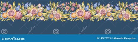 Watercolour Flower Endless Banner Isolated On Blue Stock Illustration