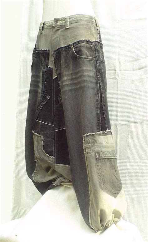 unisex harem pants in patchwork of black and grey recycled jeans recycled jeans fashion