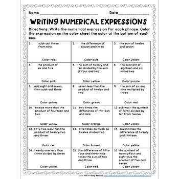 Multiplication, division, place value, rounding, fractions, decimals , factoring, geometry, measurement & word problems. Numerical Expressions 5th Grade: Color by Number-Fall ...