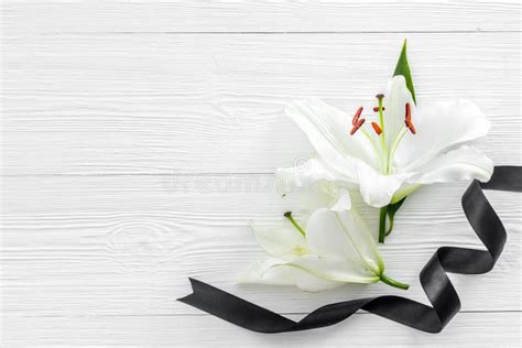 Funeral Symbols White Lily With Black Ribbon Top View Stock Image