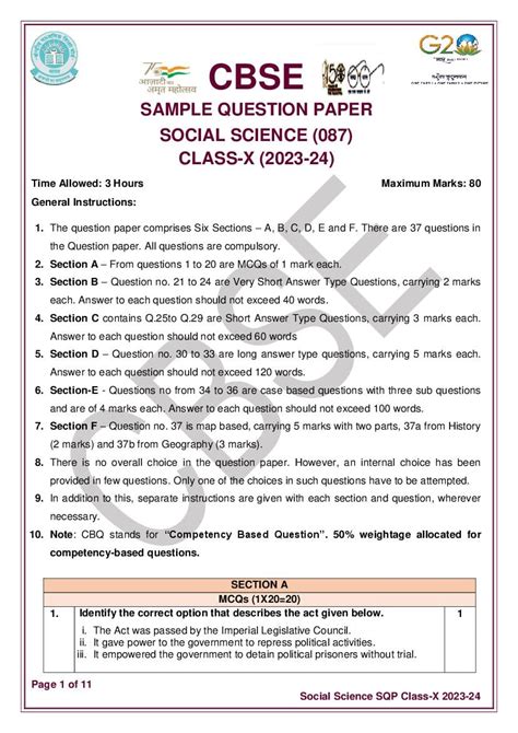 CBSE Class 10 Social Science Sample Paper 2024 PDF With Solutions