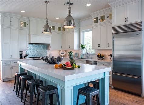 Bodies for sink drawer base cabinets. Coastal Style White Kitchen with Blue Island - Crystal ...