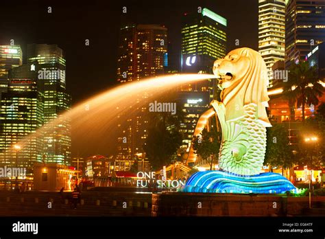 Closeup Of Merlion Light Show At Marina Bay In Singapore Stock Photo