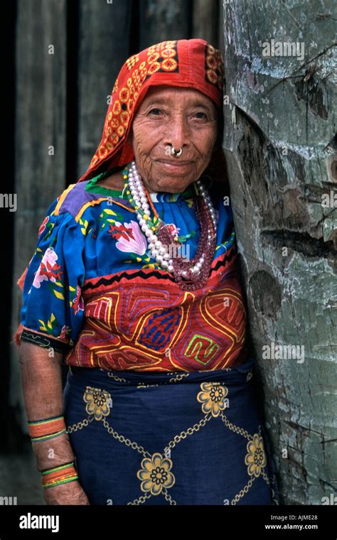 Kuna Indian Woman In Traditional Mola Dress Bayano Lake Region Panama