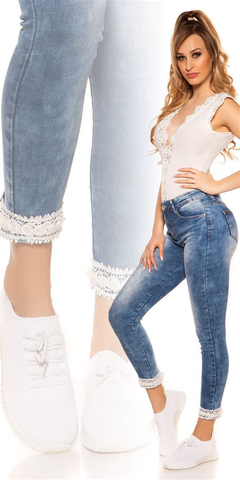 sexy hoge taille jeans met kant and parels jeansblauw skinny jeans