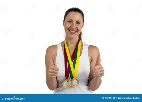 Female Athlete Posing With Gold Medals Around His Neck Stock Image Image Of Front Person