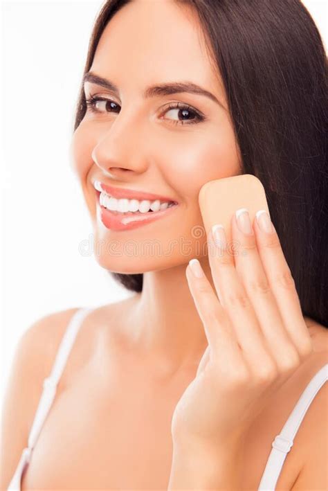 Close Up Portrait Of Happy Woman Evening Her Skin Tone With Sponge