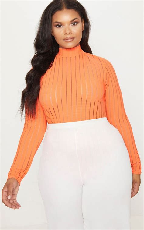 Plus Orange Striped Mesh Bodysuit Plus Size Prettylittlething