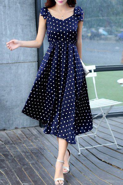 sweet sleeveless scoop neck bowknot design polka dot dress for women chiffon midi dress print