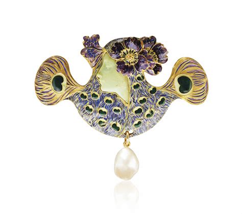 An Art Nouveau Enamel Chrysoprase And Pearl Brooch By RenÉ Lalique