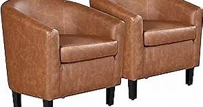 Yaheetech Modern Accent Chair, Faux Leather Barrel Chair Comfy Club Chairs Modern Armchair with Soft Seat for Living Room Bedroom Reading Room Waiting Room, Brown, 2 pcs