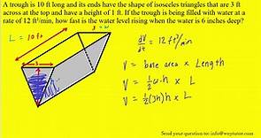 A trough is 10 ft long and its ends have the shape of isosceles triangles that are 3 ft across at th