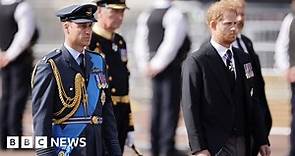 William and Harry side by side behind Queen's coffin