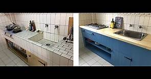 Kitchen Makeover 萬元預算DIY改造廚房 台式水泥磚造水槽流理台變身美式原木檯面+中島吧台隔間櫃