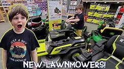 KIDS AND LAWN MOWERS VIDEO! Checking out the NEW lawnmowers at Home Depot! Ryobi, Murray, John Deere