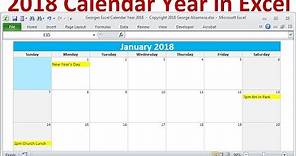 2018 Calendar Year in Excel, 2018 Monthly Calendars, Year 2018 Calendar with Holidays, 2018 Planners