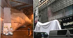 三號風球繼續掛　強風吹冧旺角「香港寬頻」巨型橫幅
